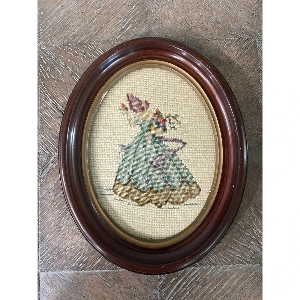 Antique Oval Picture Frame  Needlepoint Petit Point Victorian Woman Gallery Wall